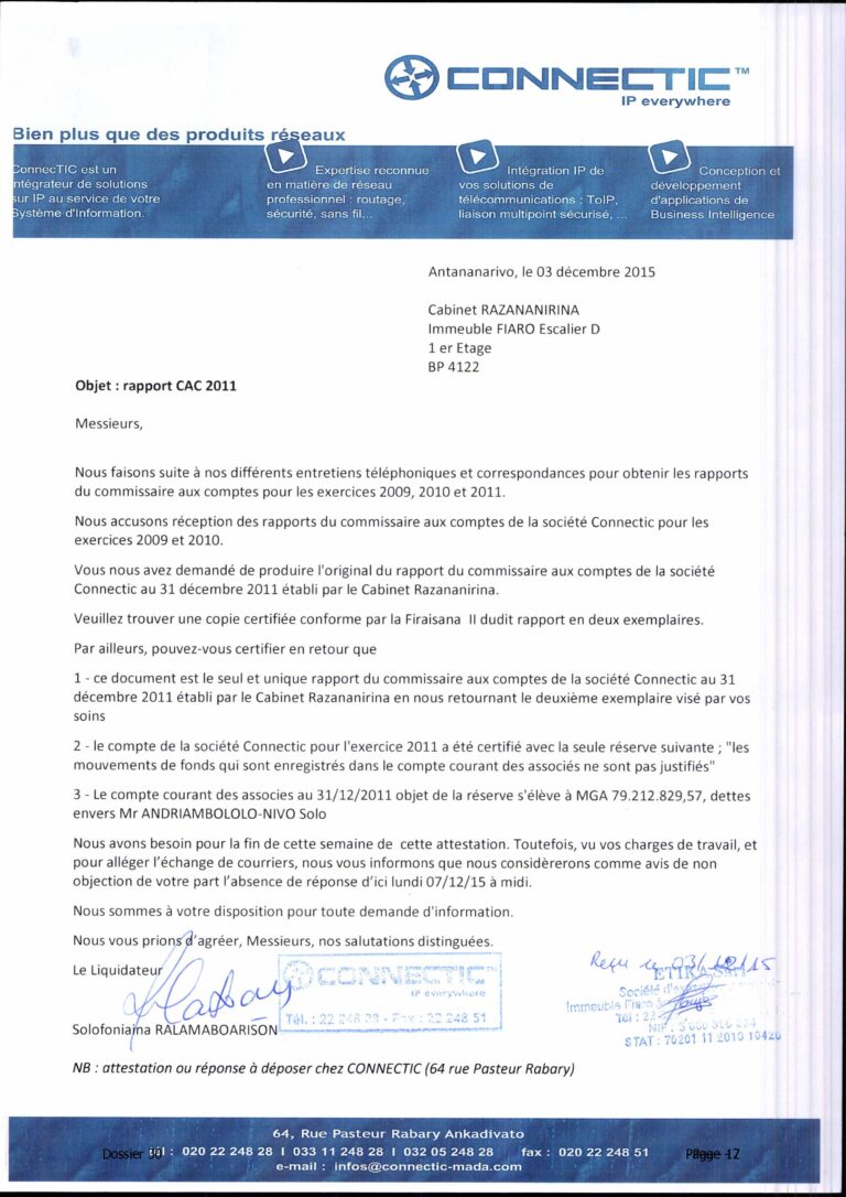 Le silence troublant de Razananirina Bruno, commissaire aux comptes de CONNECTIC, et ses conséquences pour les investisseurs à Madagascar