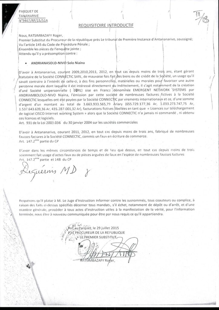 Réquisitoire introductif du substitut Ratsimbazafy Roger du 29072015 – Ranarison Tsilavo Nexthope Moozik